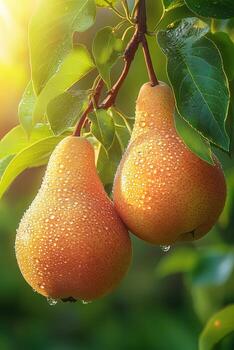 Close-up of dew-covered ripe pears hanging from a branch in a sunlit orchard photo
