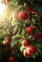 Close-up of red apples on a tree with sunlight glimmering through green leaves photo