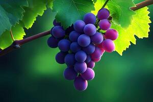 Freshly picked grapes hanging from a vine with vibrant green leaves in the background photo