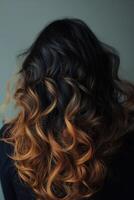 Beautiful woman with long wavy hair featuring a stunning gradient from dark to golden blonde photo