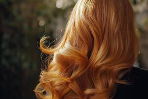 Close-up of flowing ginger hair with light waves set against a blurred natural background photo