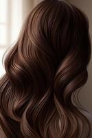 Close-up of luxurious brown wavy hair with shine in soft lighting photo