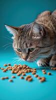 Close-up of a cat sniffing food on a blue background photo