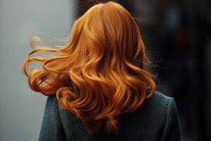 Woman with long flowing red hair going against a windy background photo