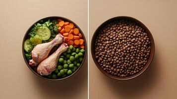 Raw chicken drumsticks and fresh vegetables next to dog food kibble in a bowl photo