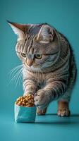 Gray tabby cat reaching for a bowl of cat food on a turquoise background photo