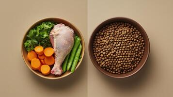 Raw chicken drumstick with vegetables and dog food in bowls on beige background photo