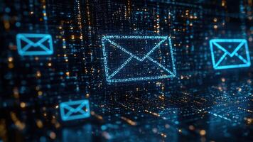 Futuristic digital email icons against a high-tech data background photo