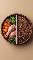 Fresh ingredients and pet food in round bowl divided into two halves photo
