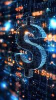 Digital dollar symbol glowing against a futuristic data background photo