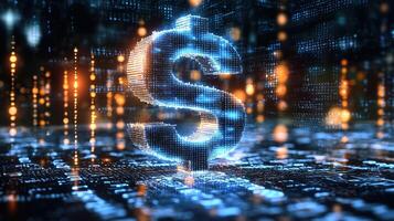 3d digital dollar sign with glowing lights and binary code background photo