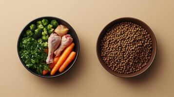 Fresh ingredients and dry dog food in bowls for preparing home-cooked meals. photo