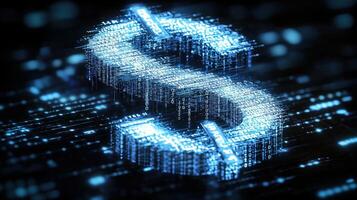 Digital dollar symbol with binary code and data streams in futuristic technology background photo