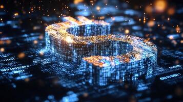 3d illuminated bitcoin symbol on digital background with binary code photo