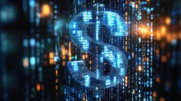 Digital dollar sign surrounded by binary code in a high-tech background photo