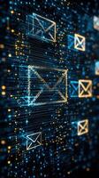 Abstract email communication concept with glowing envelope icons and data streams photo