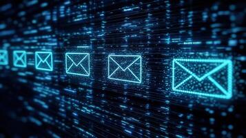 Digital email communication icons with glowing blue effect and data stream background photo