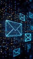 Digital email communication concept with futuristic blue highlighted envelope icons photo
