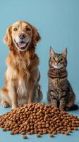 Golden retriever and maine cat sitting beside pile of pet food on blue background photo