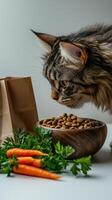 Maine cat sniffing bowl of dry cat food with carrots and parsley garnish photo