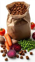 Healthy pet food bag with vegetables and kibble on white background photo