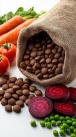 Fresh vegetables and healthy snacks with a burlap sack of nutritious food photo