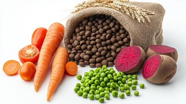 Assorted fresh vegetables and grains with a brown sack of seeds on white background photo
