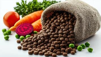 Healthy pet food with vegetables including carrots, peas, and beets on a white background photo