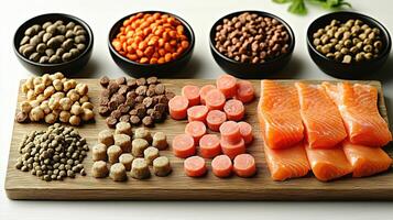 Assorted pet food varieties arranged on a wooden board with bowls of treats photo