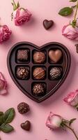Heart-shaped box of assorted chocolate candies surrounded by pink roses photo