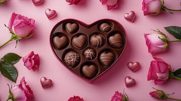 Heart shaped chocolate box surrounded by pink roses for romantic occasions photo