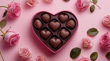 Heart shaped box of chocolates surrounded by pink roses for valentine's day photo