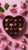 Heart-shaped chocolate with pink roses on a pink background photo