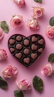 Heart-shaped chocolate box surrounded by pink roses on a pink background photo
