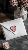 White envelope with heart wax seal on dark background next to vase of flowers photo