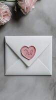 Elegant white envelope with pink heart seal and pink roses on marble background photo