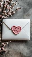 Elegant envelope with heart seal and cherry blossom flowers photo