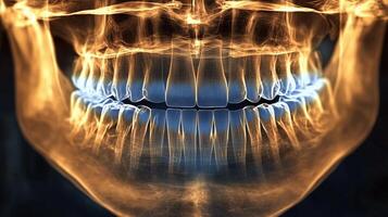 3d x-ray digital illustration of human jaw with teeth and bone structure photo