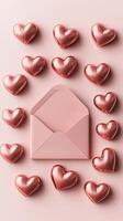 Pink envelope surrounded by heart shaped chocolates on light pink background photo