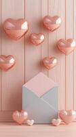 Pink envelope with heart balloons on wooden wall, perfect for valentine's day photo