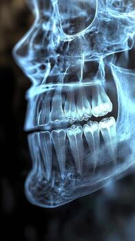 Detailed x-ray image of a human skull and teeth with clear structures photo
