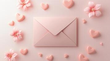 Pink envelope surrounded by hearts and flowers on a soft background photo