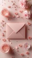 Flat lay composition of pink envelope, roses, and decorative hearts on a table photo