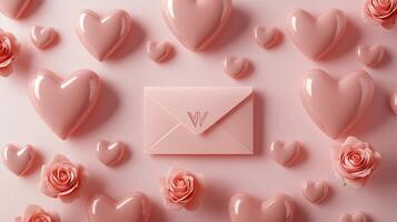 Pink hearts and roses with an envelope on a soft background for valentine's day photo