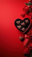 Heart-shaped chocolate box with red roses and valentine's day decorations photo