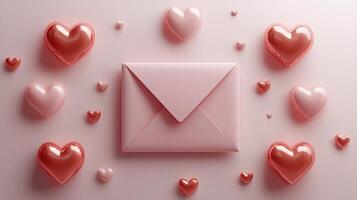 Pink envelope surrounded by colorful hearts for valentine's day or love messages photo