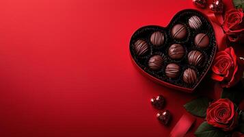 Heart-shaped box of chocolate truffles surrounded by red roses and hearts photo