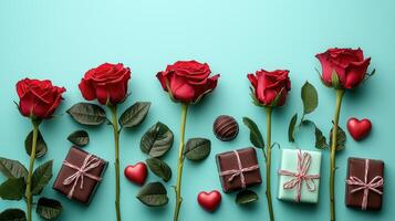 Valentine's day arrangement with red roses, chocolates, and gift boxes on teal background photo