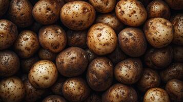 Fresh rustic raw potatoes with dirt on surface background photo