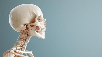 Human skeleton model side view on blue background for educational purposes photo